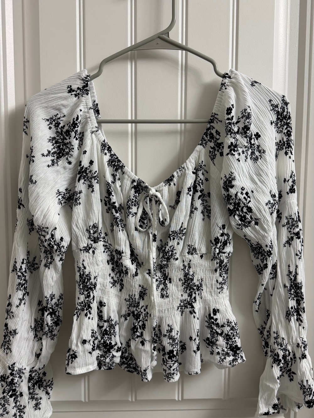White Floral Smocked Peasant Blouse with Tie Neck
